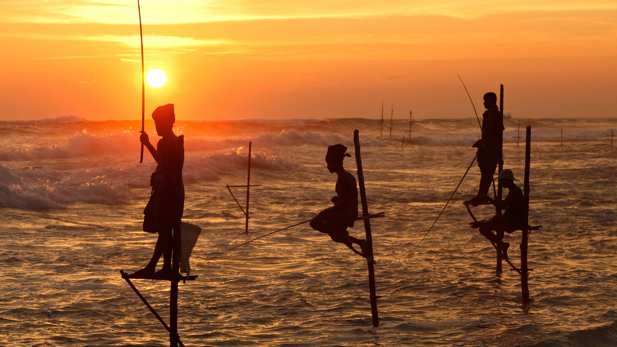 Stilt fishermen on their poles off Koggala, silhouetted against an orange sunset.